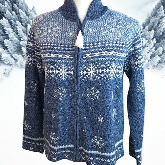 Vintage Tiara NWT Nordic Fair Isle Beaded Snowflake Cardigan Sweater Size L - Picture 1 of 6